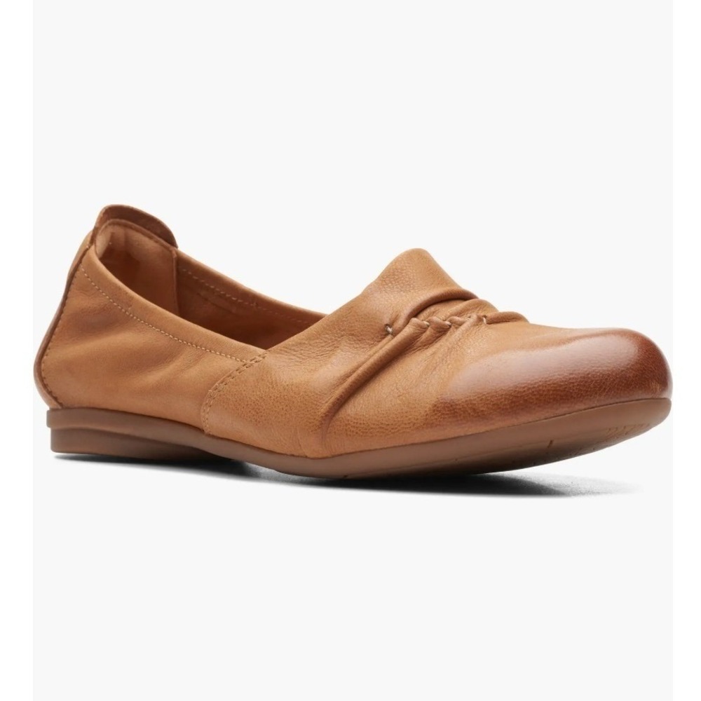 Clarks Rena Way Ballet Flat Tan Leather Size 8 Minimalist‎ Soft Saddle Brown